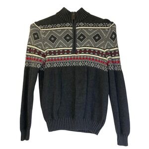 IZOD‎ Sweater Men's Gray Red Sz S Quarter Zip Fair Isle Pullover Knit Casual EUC